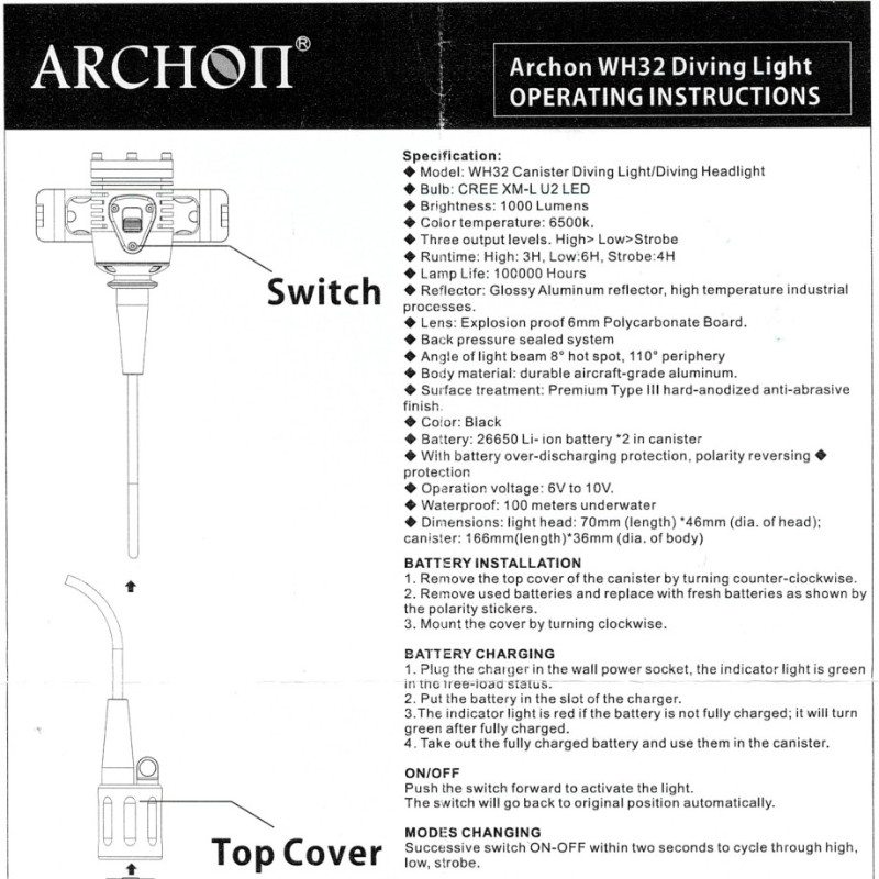 Dive Light Dive Torch with Goodman Handle and Tank, Archon WH32