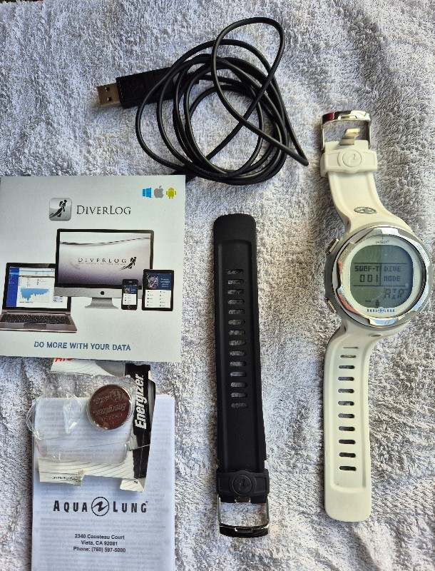 Tauchcomputer/Uhr 2x SEHR GUTE Aqualung i450T Tauchcomputer / Taucheruhren (1x Blau / Schwarz & 1x Weiß) NITROX, KOMPASS, LUFTINTEGRATION / AI, MIT oder OHNE Sender, DiverLog Software Übertragungskabel, volle Batterien