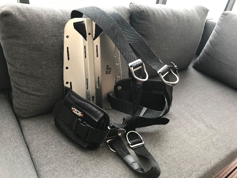 Tauchausrüstung DIR Edelstahl Backplate mit Harness und Tecline Bleitaschen 